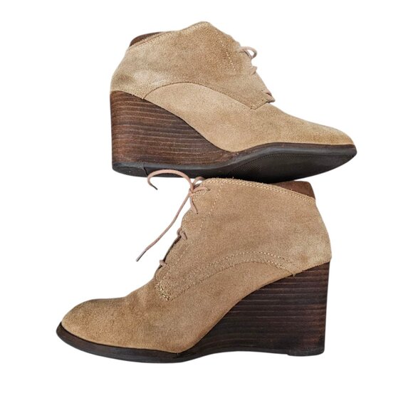 Lucky Brand Sumba Lace-up Suede Wedge Tan Ankle Bootie Boots - Picture 6 of 9